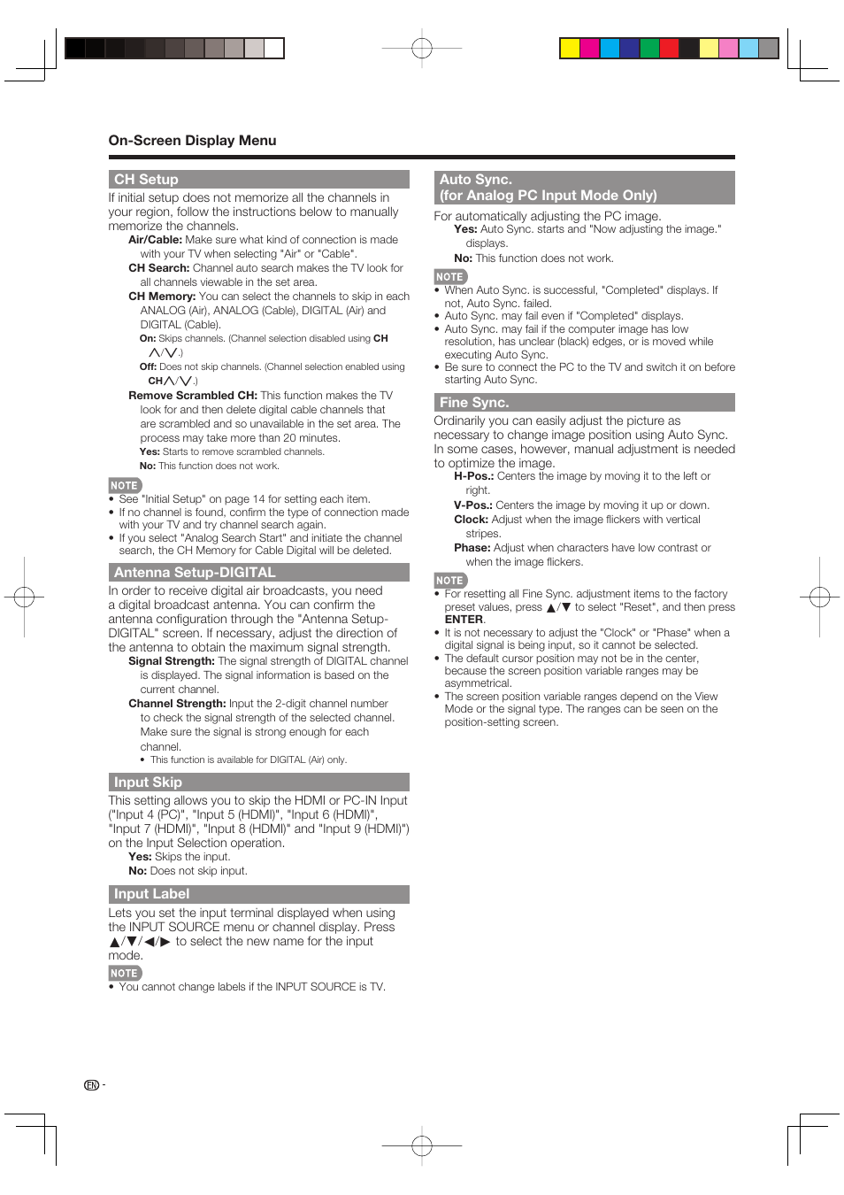 Ch setup, Antenna setup-digital, Input skip | Input label, Input signal (for analog pc input mode only), Auto sync. (for analog pc input mode only), Fine sync | Sharp Aquos LC 46D85UN User Manual | Page 26 / 47