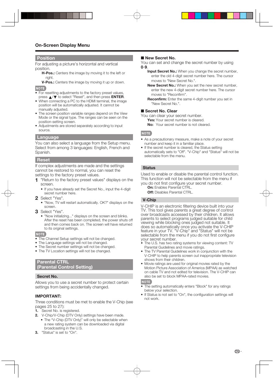 Position, Language, Reset | Parental ctrl (parental control setting) | Sharp Aquos LC 46D85UN User Manual | Page 27 / 47