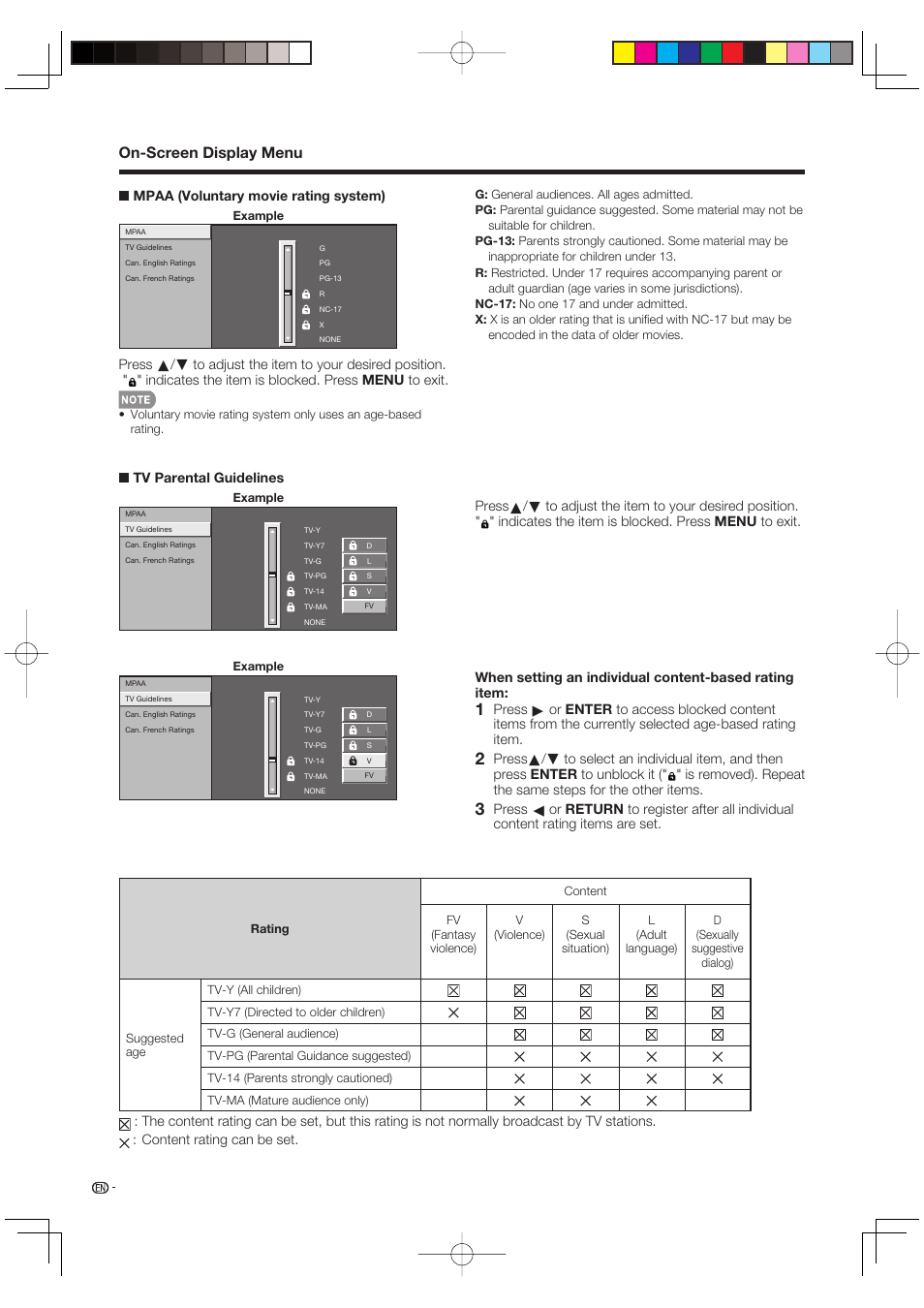 On-screen display menu | Sharp Aquos LC 46D85UN User Manual | Page 28 / 47