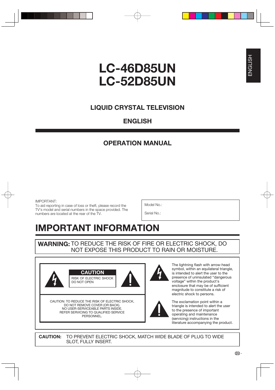 Important information, Operation manual liquid crystal television english, Warning | Sharp Aquos LC 46D85UN User Manual | Page 3 / 47