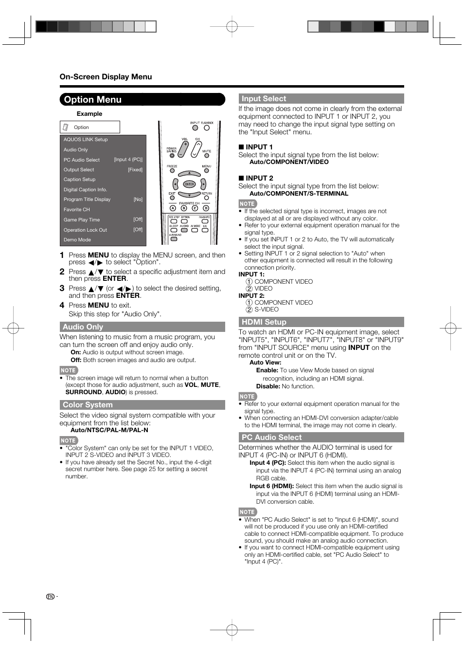 Option menu, Audio only, Color system | Input select, Hdmi setup, Pc audio select | Sharp Aquos LC 46D85UN User Manual | Page 30 / 47