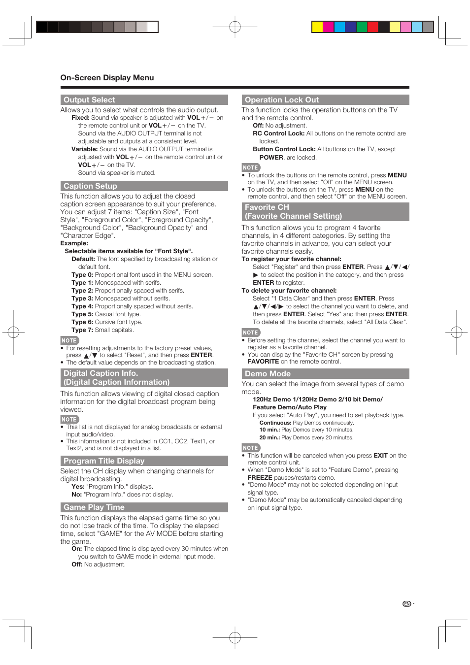 Output select, Caption setup, Program title display | Game play time, Operation lock out, Favorite ch (favorite channel setting), Demo mode | Sharp Aquos LC 46D85UN User Manual | Page 31 / 47