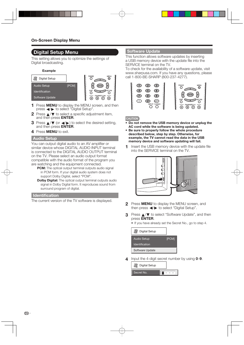 Digital setup menu, Audio setup, Identification | Software update | Sharp Aquos LC 46D85UN User Manual | Page 32 / 47