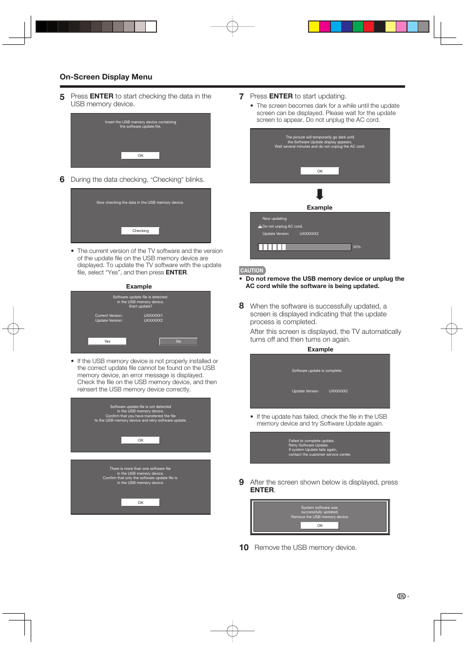 On-screen display menu, During the data checking, Checking | Blinks, Press enter to start updating | Sharp Aquos LC 46D85UN User Manual | Page 33 / 47