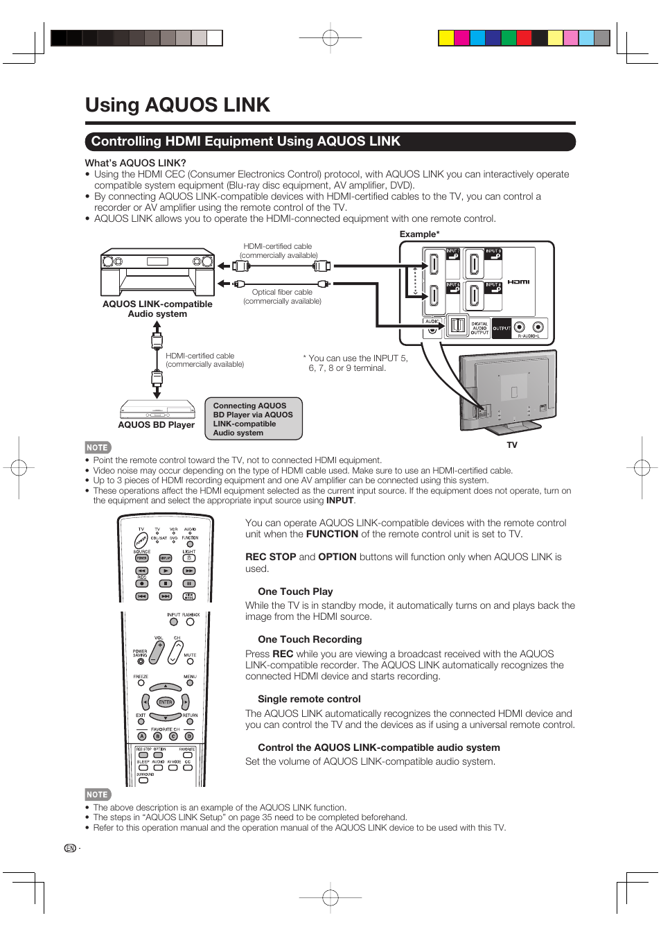 Using aquos link, Controlling hdmi equipment using aquos link | Sharp Aquos LC 46D85UN User Manual | Page 36 / 47