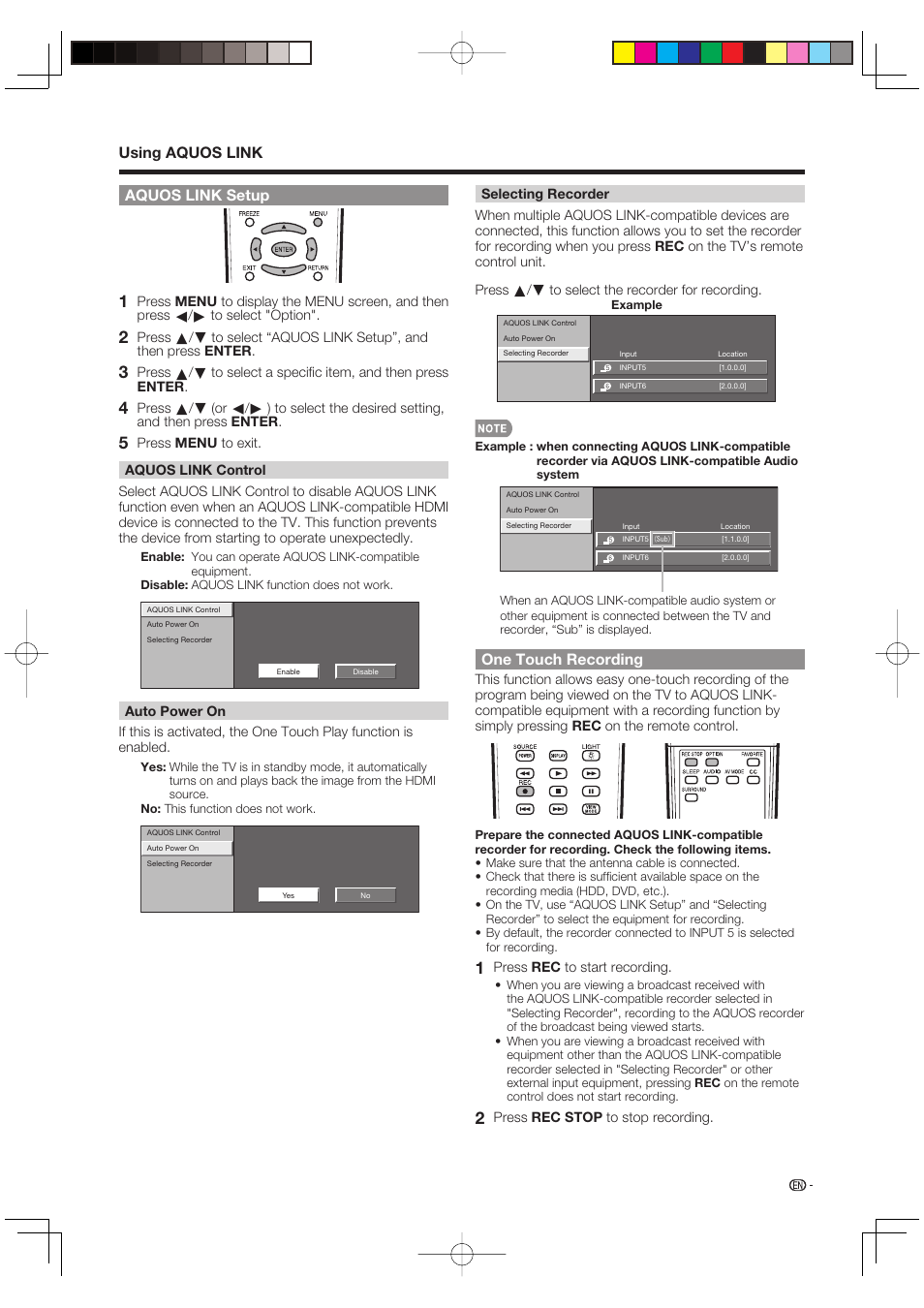 Aquos link setup, One touch recording, Using aquos link | Sharp Aquos LC 46D85UN User Manual | Page 37 / 47