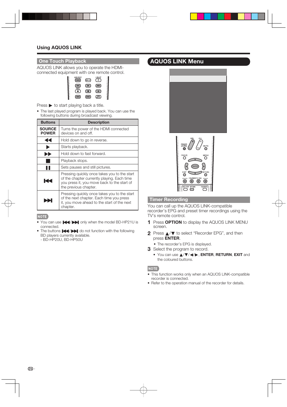 One touch playback, Aquos link menu, Timer recording | Sharp Aquos LC 46D85UN User Manual | Page 38 / 47