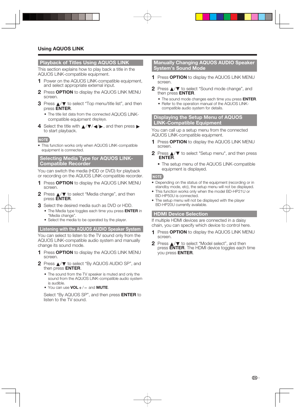 Playback of titles using aquos link, Listening with the aquos audio speaker system, Hdmi device selection | Sharp Aquos LC 46D85UN User Manual | Page 39 / 47