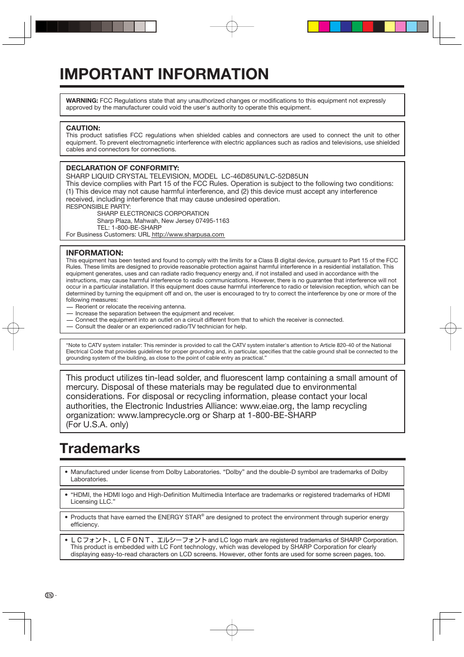 Trademarks, Important information | Sharp Aquos LC 46D85UN User Manual | Page 4 / 47