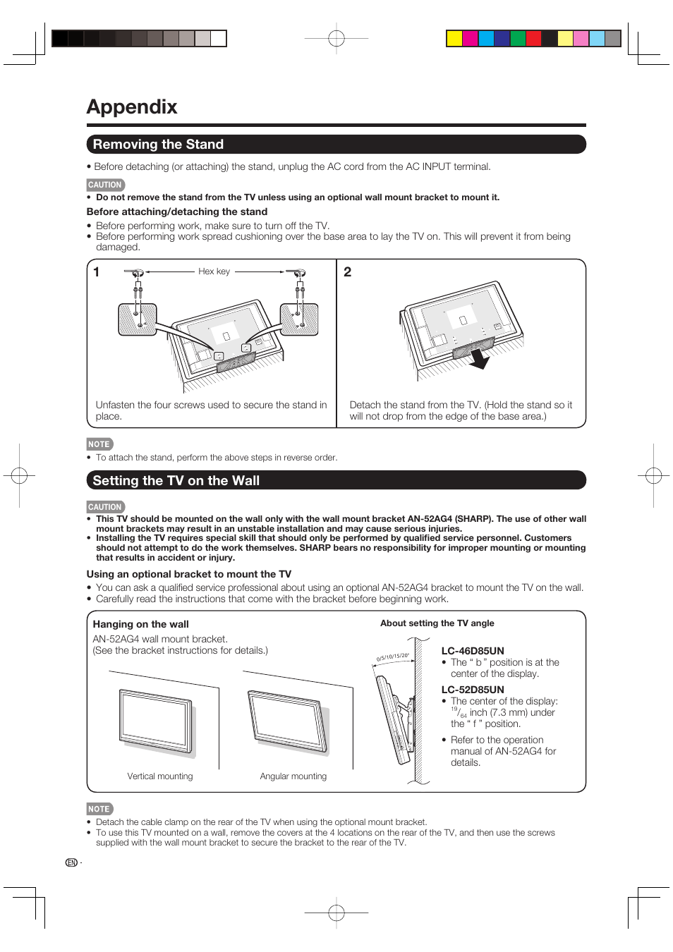 Appendix, Removing the stand, Setting the tv on the wall | Sharp Aquos LC 46D85UN User Manual | Page 40 / 47