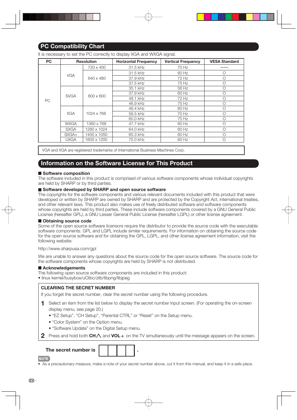 Pc compatibility chart | Sharp Aquos LC 46D85UN User Manual | Page 44 / 47