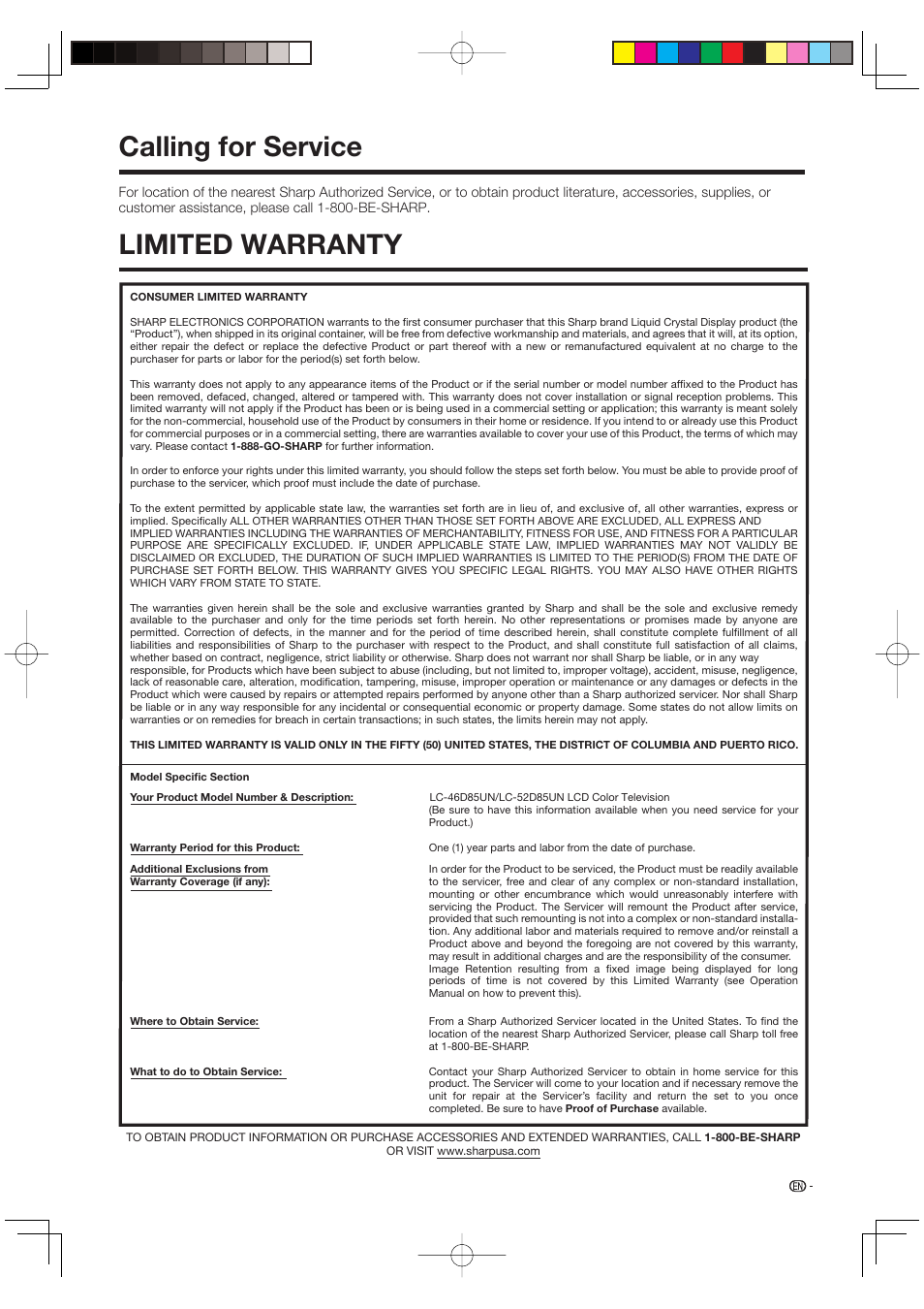 Calling for service, Limited warranty, Calling for service limited warranty | Sharp Aquos LC 46D85UN User Manual | Page 45 / 47