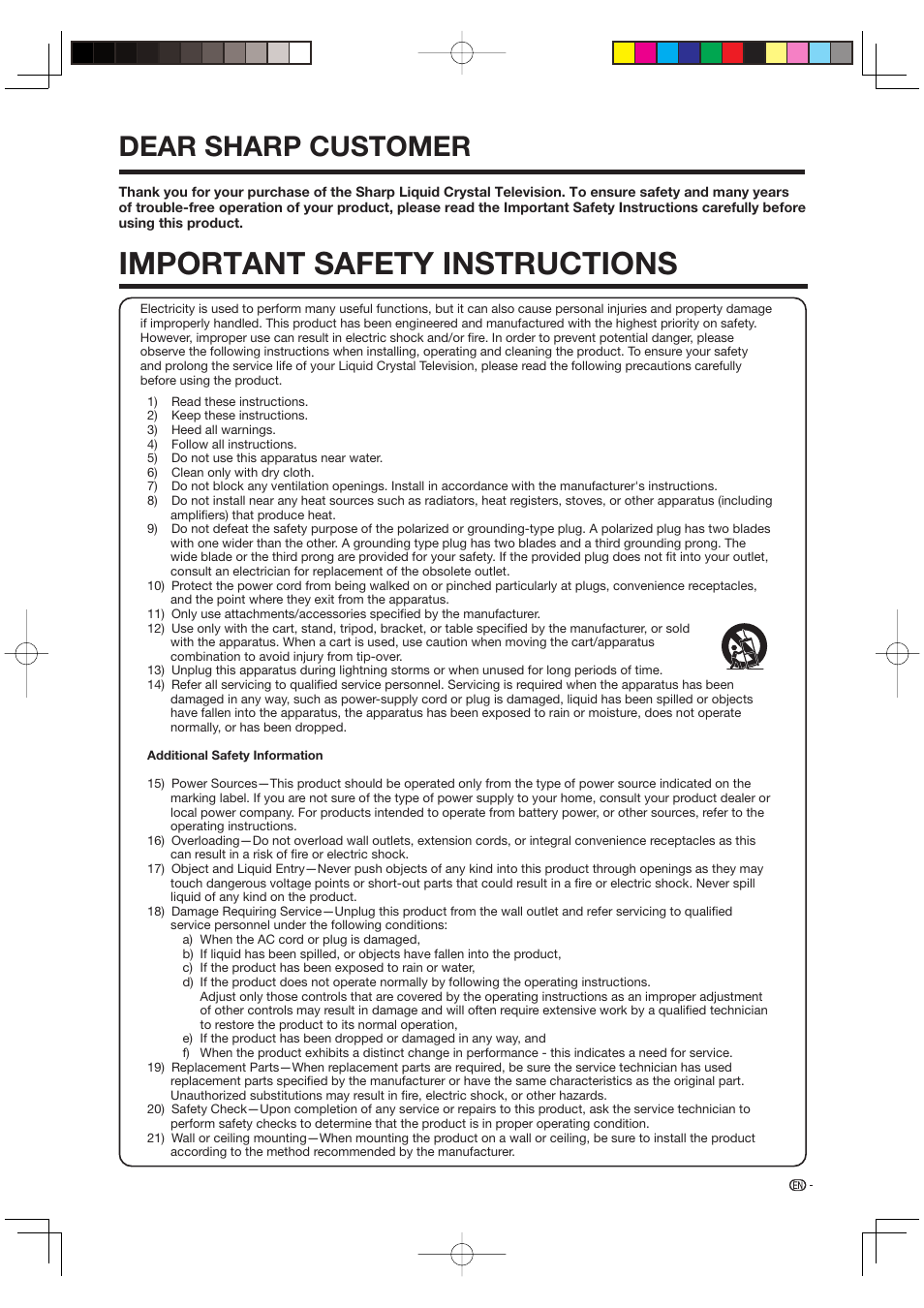 Dear sharp customer, Important safety instructions | Sharp Aquos LC 46D85UN User Manual | Page 5 / 47
