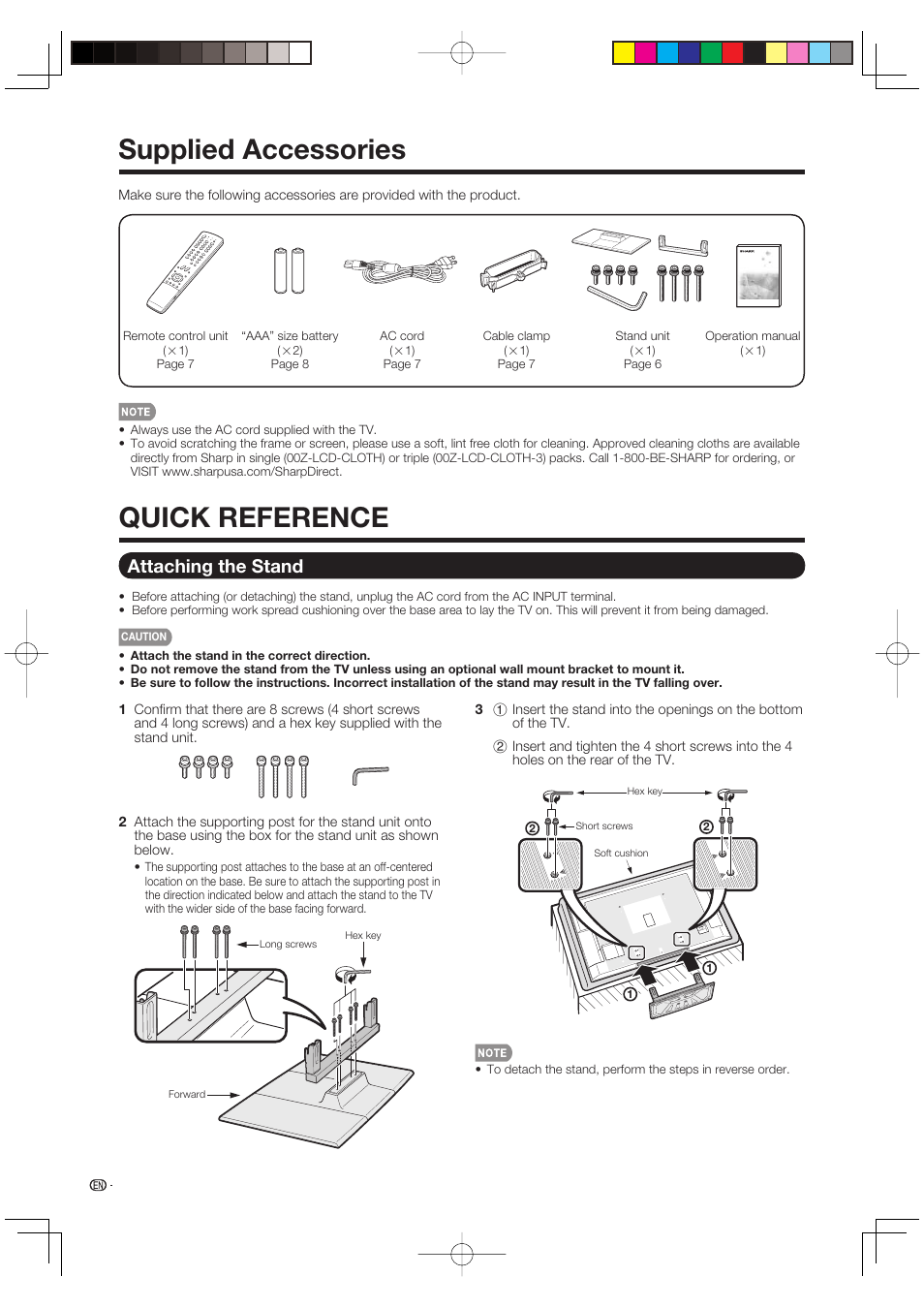 Supplied accessories, Quick reference, Attaching the stand | Sharp Aquos LC 46D85UN User Manual | Page 8 / 47