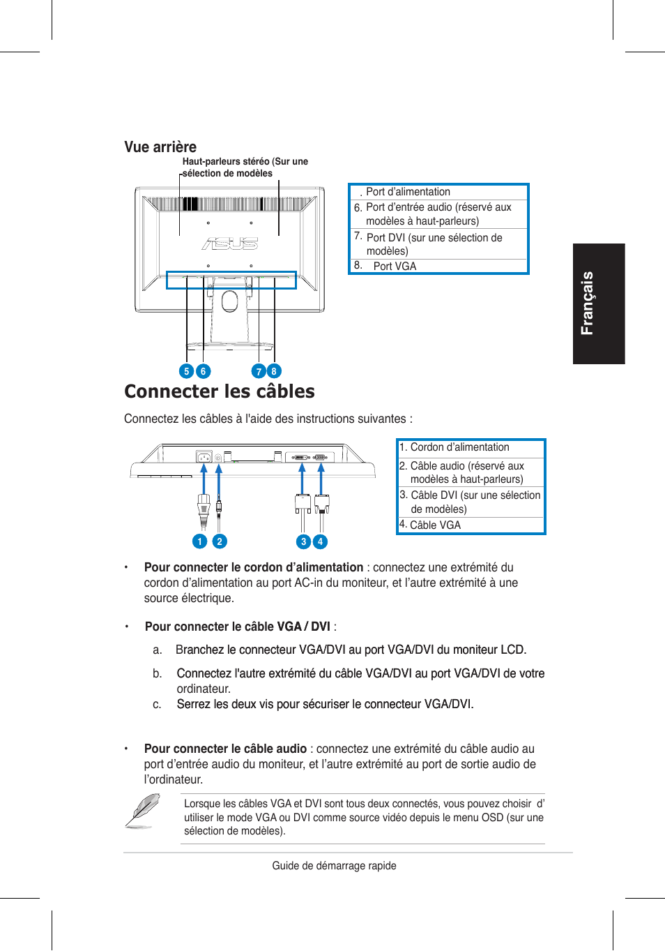 Connecter les câbles, Français, Vue arrière | Asus VH192 User Manual | Page 10 / 157