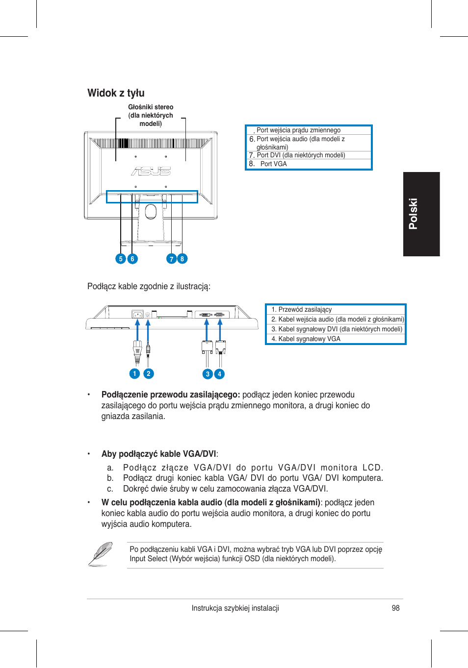 Polski, Widok z tyłu | Asus VH192 User Manual | Page 100 / 157