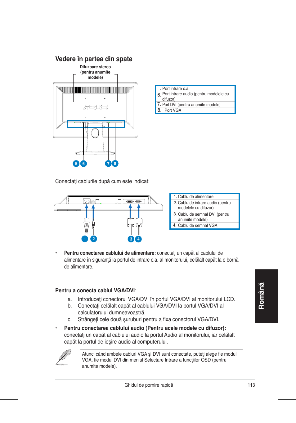 Română, Vedere în partea din spate | Asus VH192 User Manual | Page 115 / 157