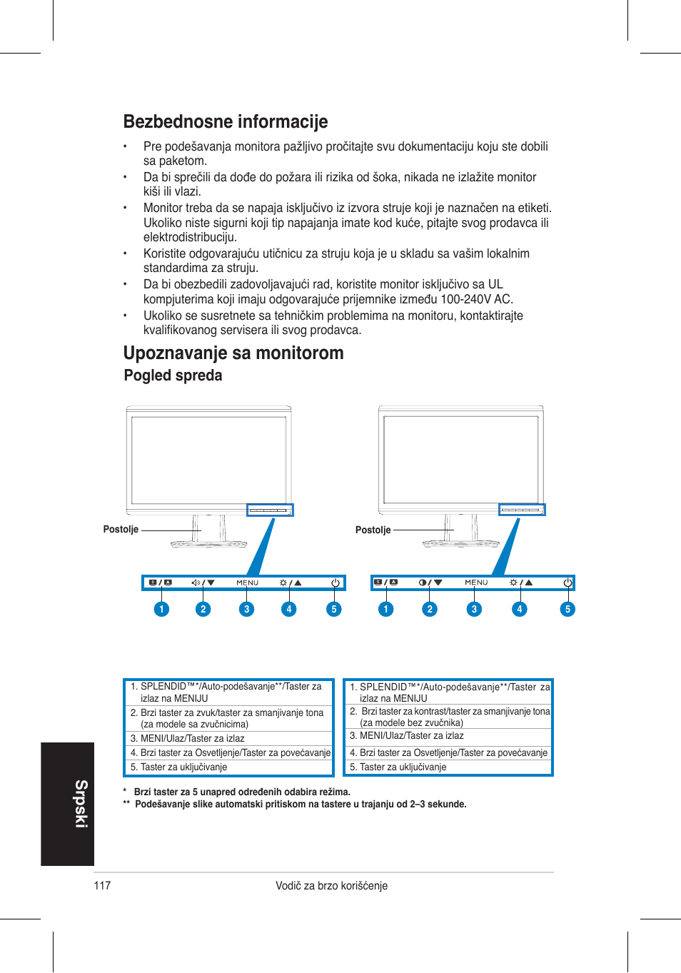 Bezbednosne informacije, Upoznavanje sa monitorom, Srpski | Pogled spreda | Asus VH192 User Manual | Page 119 / 157