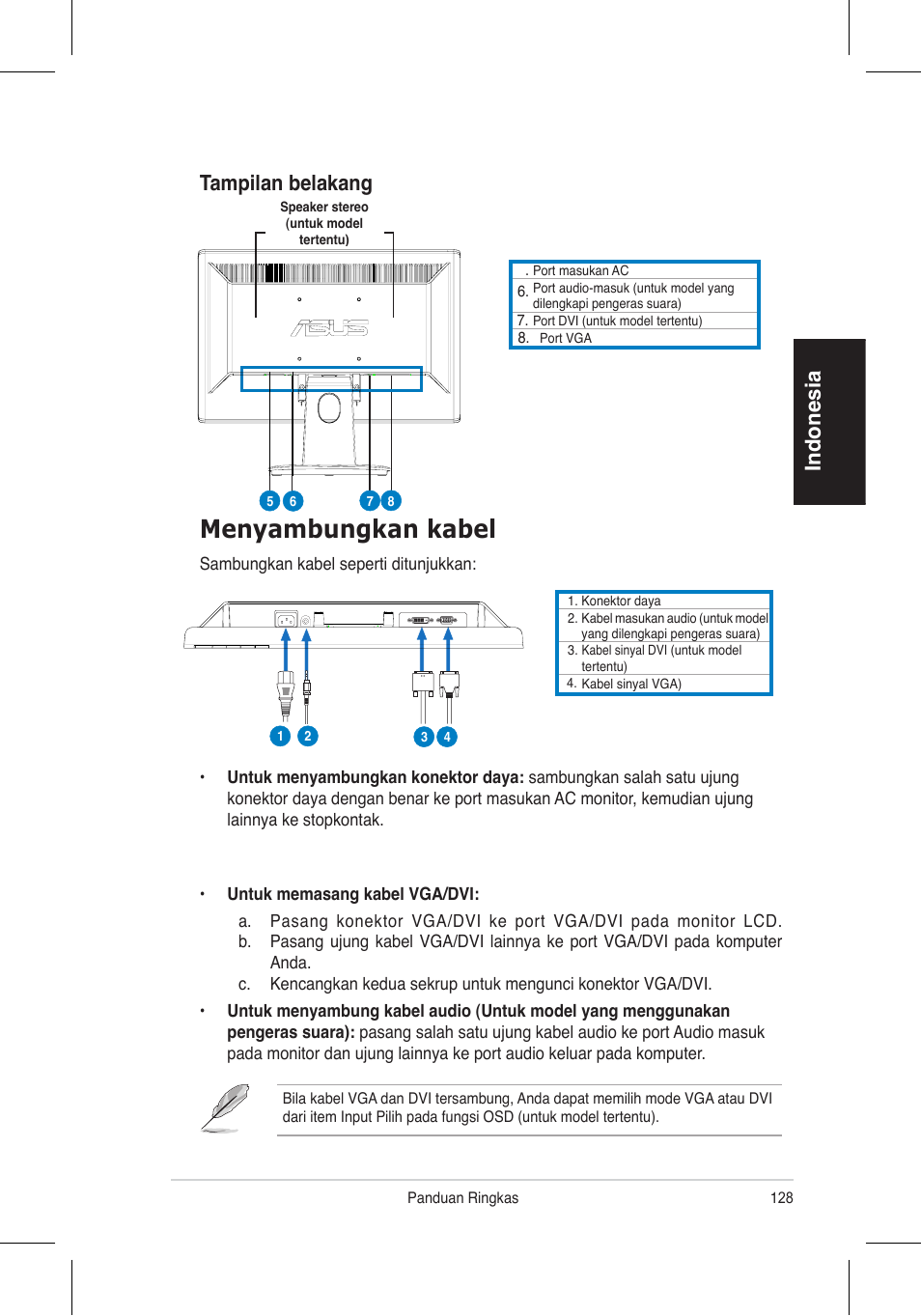 Menyambungkan kabel, Indonesia, Tampilan belakang | Asus VH192 User Manual | Page 130 / 157