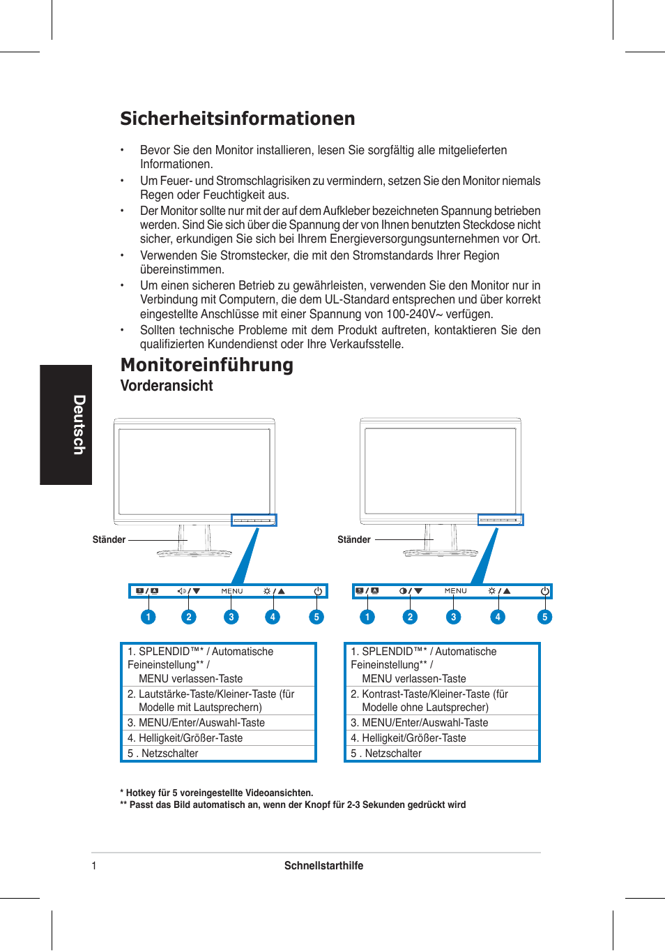 Monitoreinführung, Sicherheitsinformationen, Deutsch | Vorderansicht | Asus VH192 User Manual | Page 14 / 157