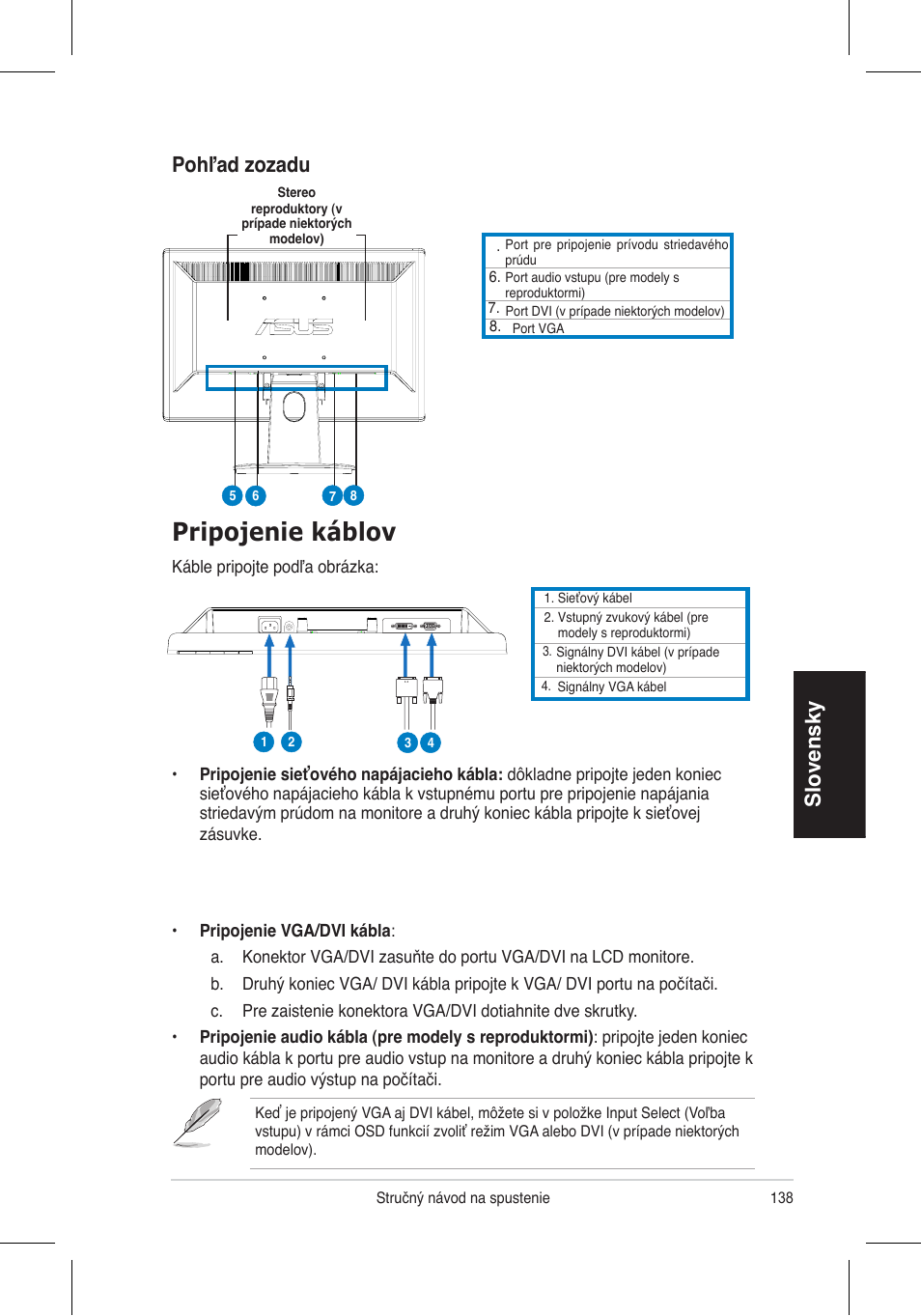 Pripojenie káblov, Slovensky, Pohľad zozadu | Asus VH192 User Manual | Page 140 / 157