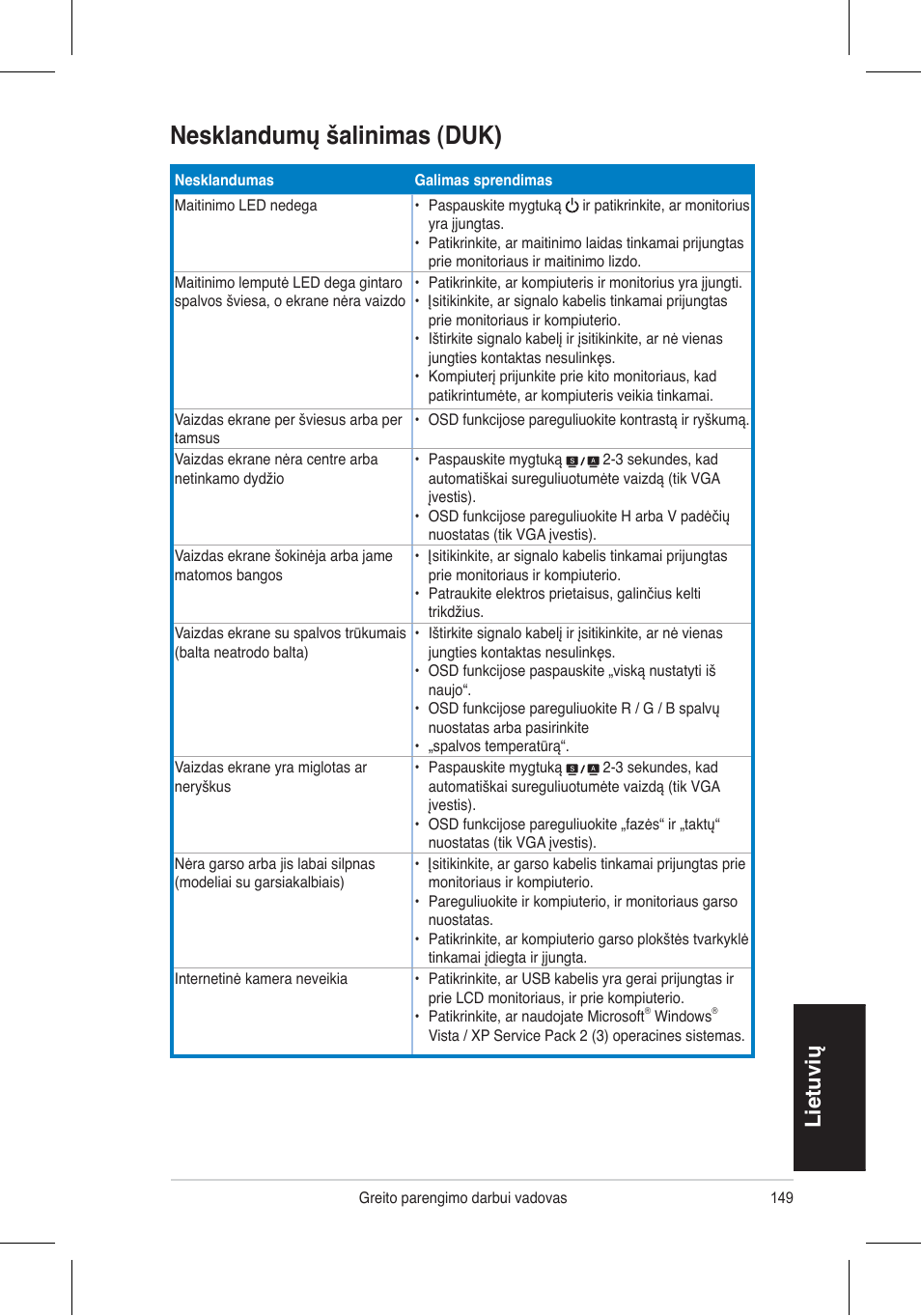 Nesklandumų šalinimas (duk), Lietuvių | Asus VH192 User Manual | Page 151 / 157