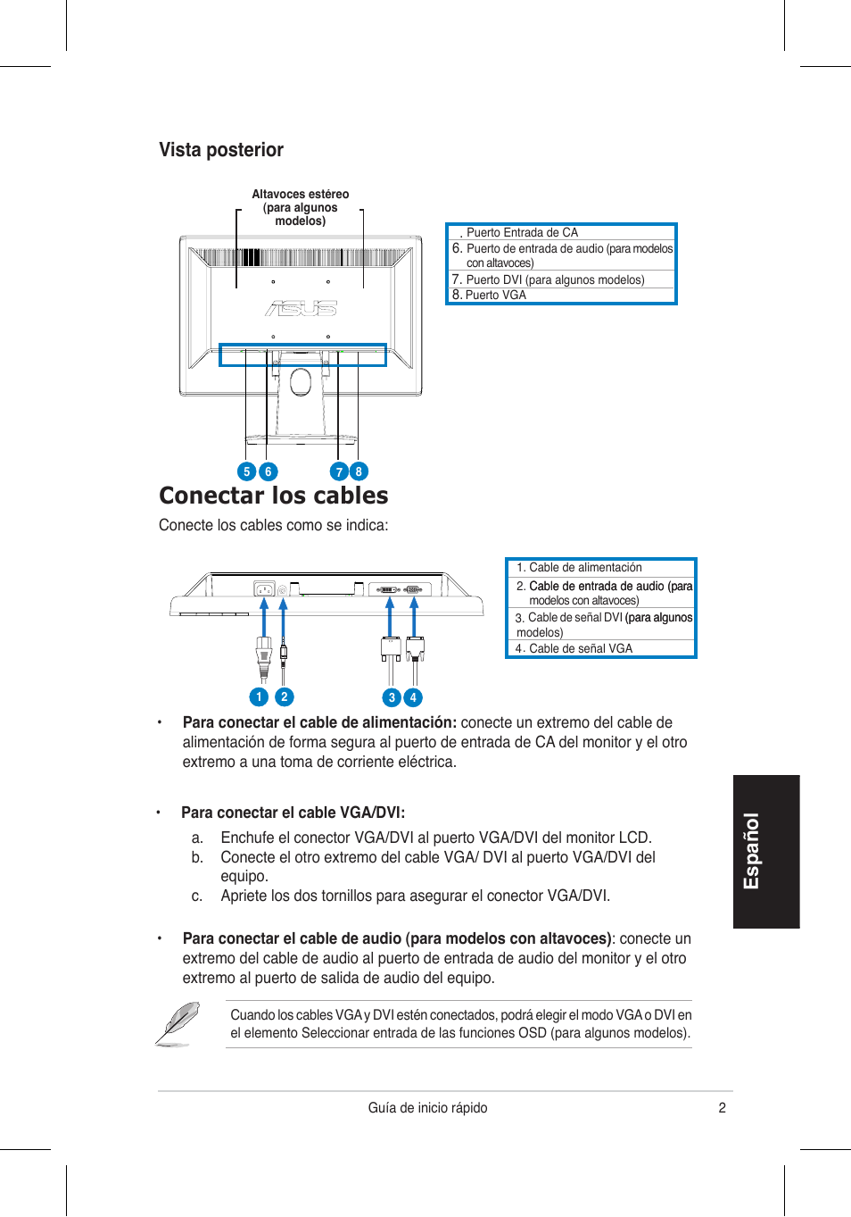 Conectar los cables, Español, Vista posterior | Asus VH192 User Manual | Page 25 / 157