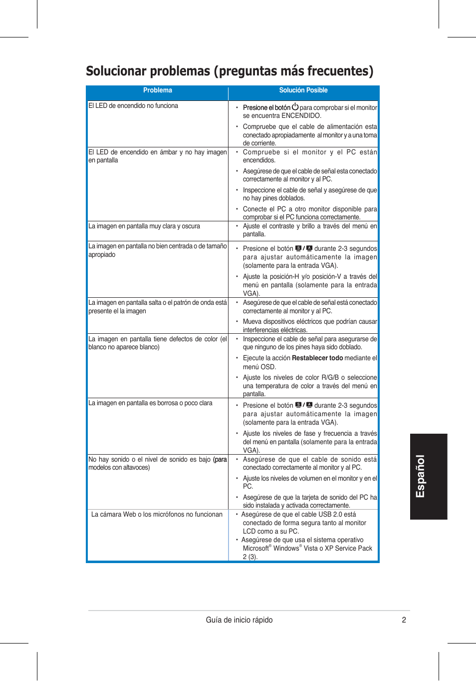 Solucionar problemas (preguntas más frecuentes), Español | Asus VH192 User Manual | Page 26 / 157