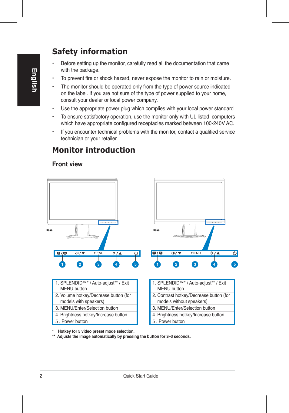 Safety information, Monitor introduction, English | Front view | Asus VH192 User Manual | Page 4 / 157