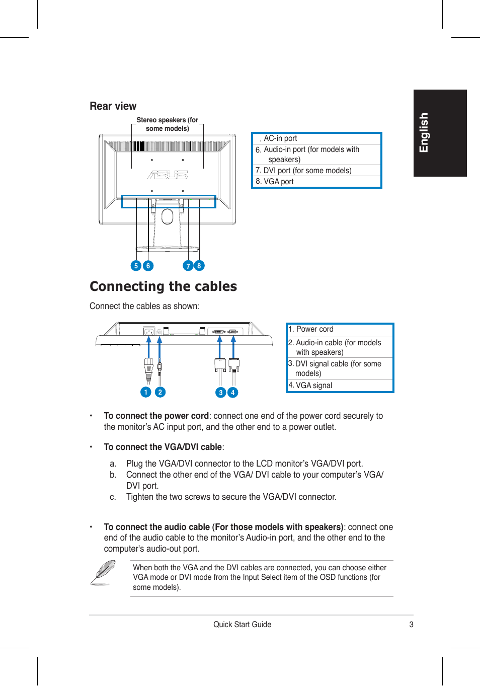 Connecting the cables, English, Rear view | Asus VH192 User Manual | Page 5 / 157