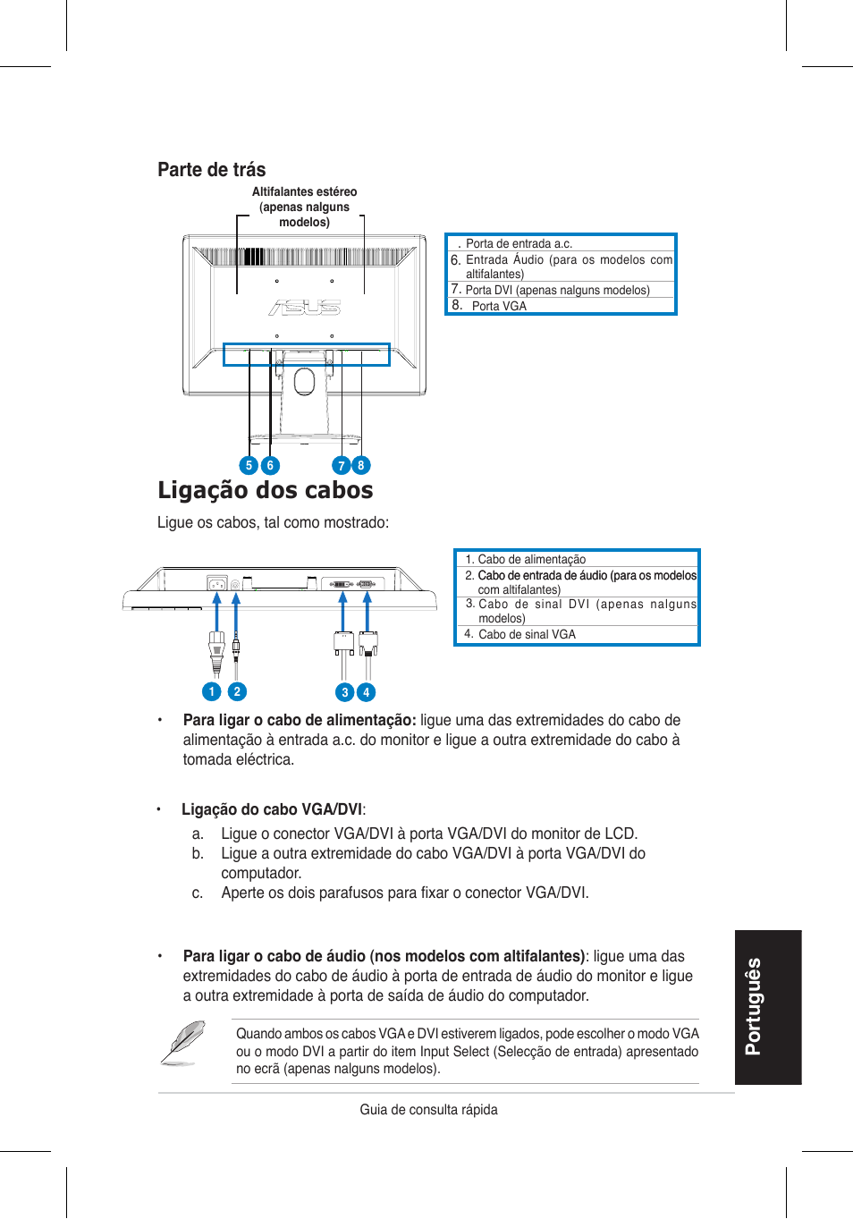 Ligação dos cabos, Portugu �s, Parte de trás | Asus VH192 User Manual | Page 60 / 157