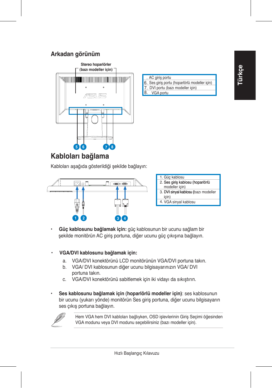 Kabloları bağlama, Türkçe, Arkadan görünüm | Asus VH192 User Manual | Page 65 / 157