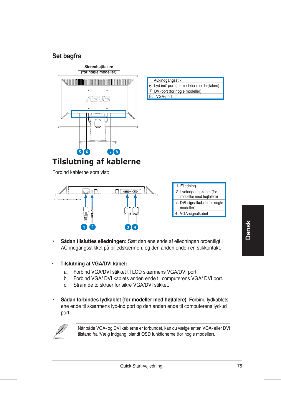 Tilslutning af kablerne, Dansk, Set bagfra | Asus VH192 User Manual | Page 80 / 157