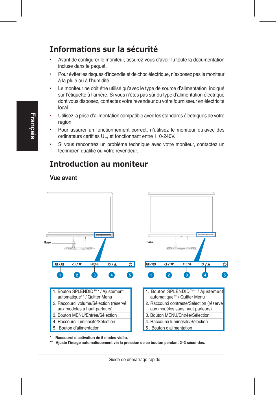 Informations sur la sécurité, Introduction au moniteur, Français | Vue avant | Asus VH192 User Manual | Page 9 / 157