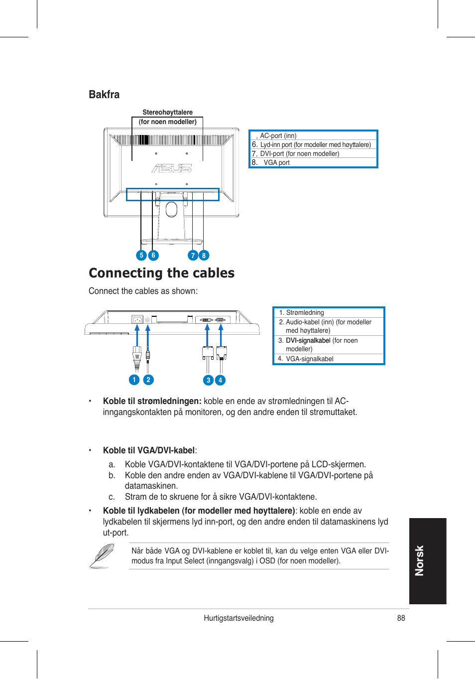 Connecting the cables, Norsk, Bakfra | Asus VH192 User Manual | Page 90 / 157