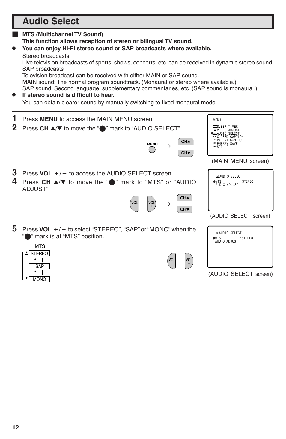 Audio select | Sharp 32U-S50B User Manual | Page 12 / 48