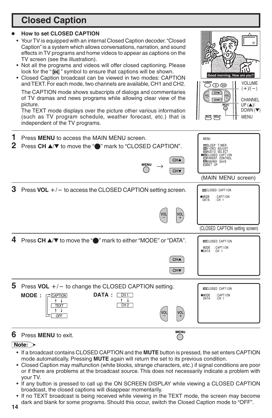 Closed caption | Sharp 32U-S50B User Manual | Page 14 / 48