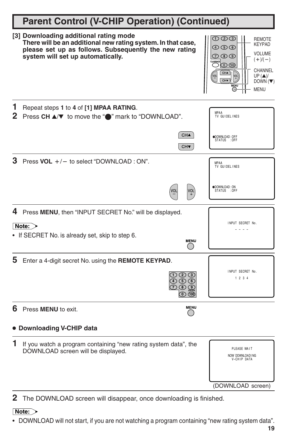 Press, Mark to “download, If secret no. is already set, skip to step 6 | Downloading v-chip data | Sharp 32U-S50B User Manual | Page 19 / 48