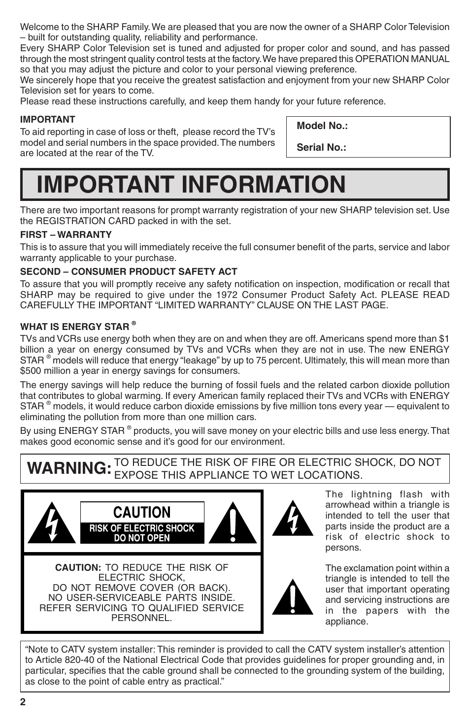 Important information, Warning | Sharp 32U-S50B User Manual | Page 2 / 48
