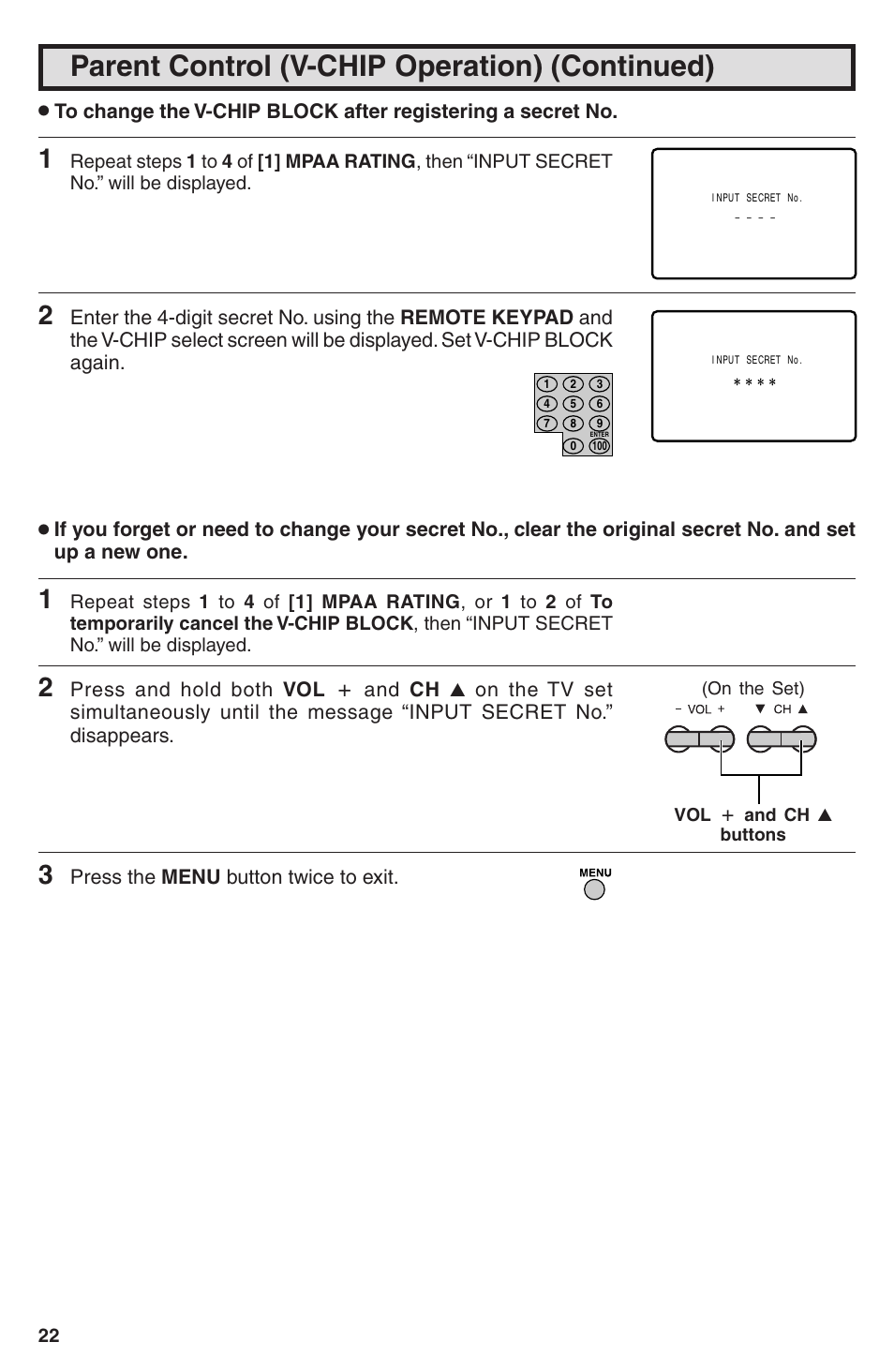 Parent control (v-chip operation) (continued) | Sharp 32U-S50B User Manual | Page 22 / 48