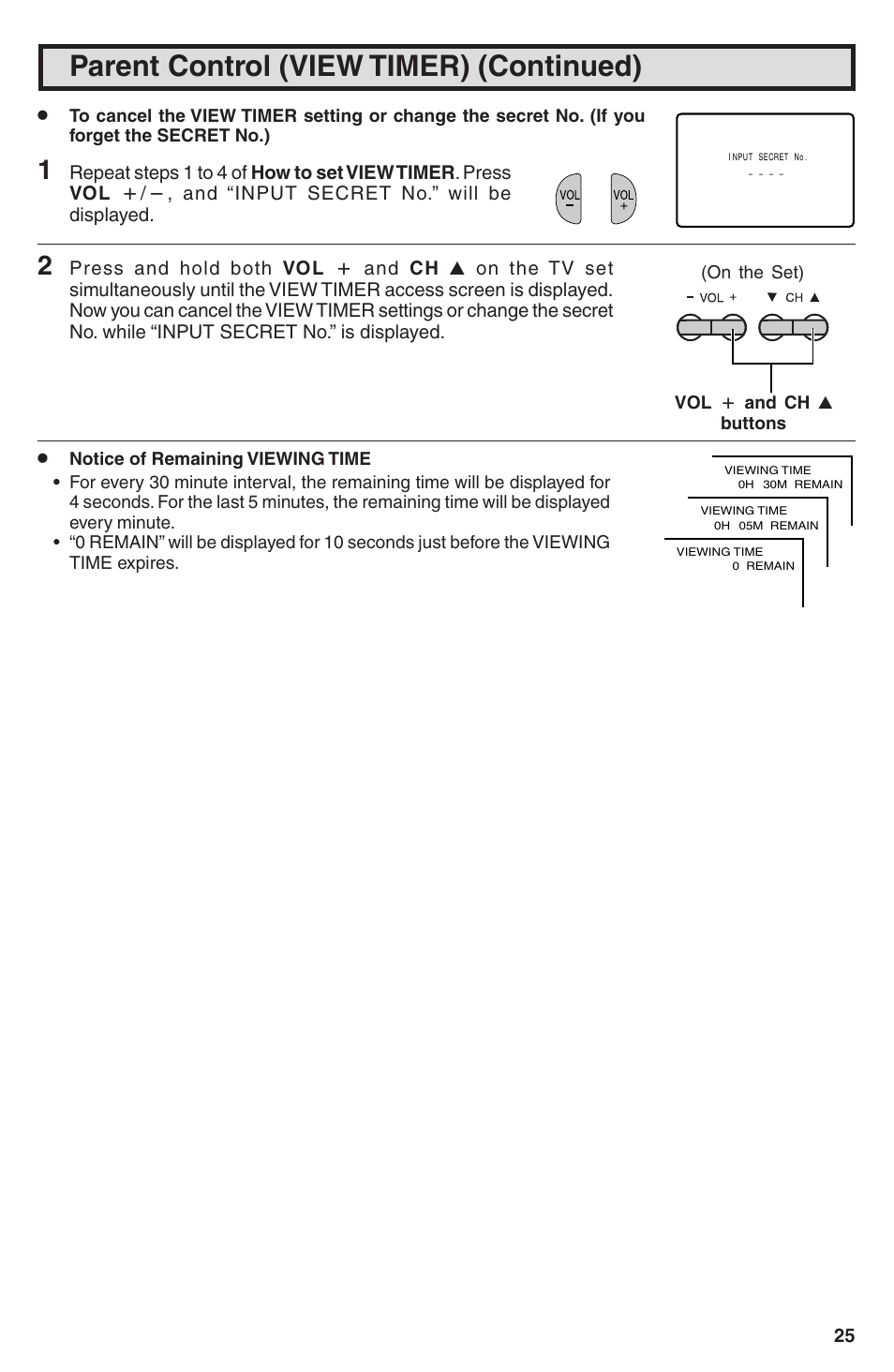 Parent control (view timer) (continued) | Sharp 32U-S50B User Manual | Page 25 / 48
