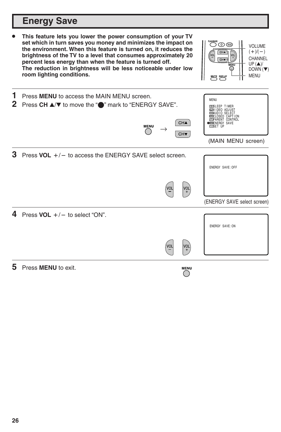 Energy save | Sharp 32U-S50B User Manual | Page 26 / 48