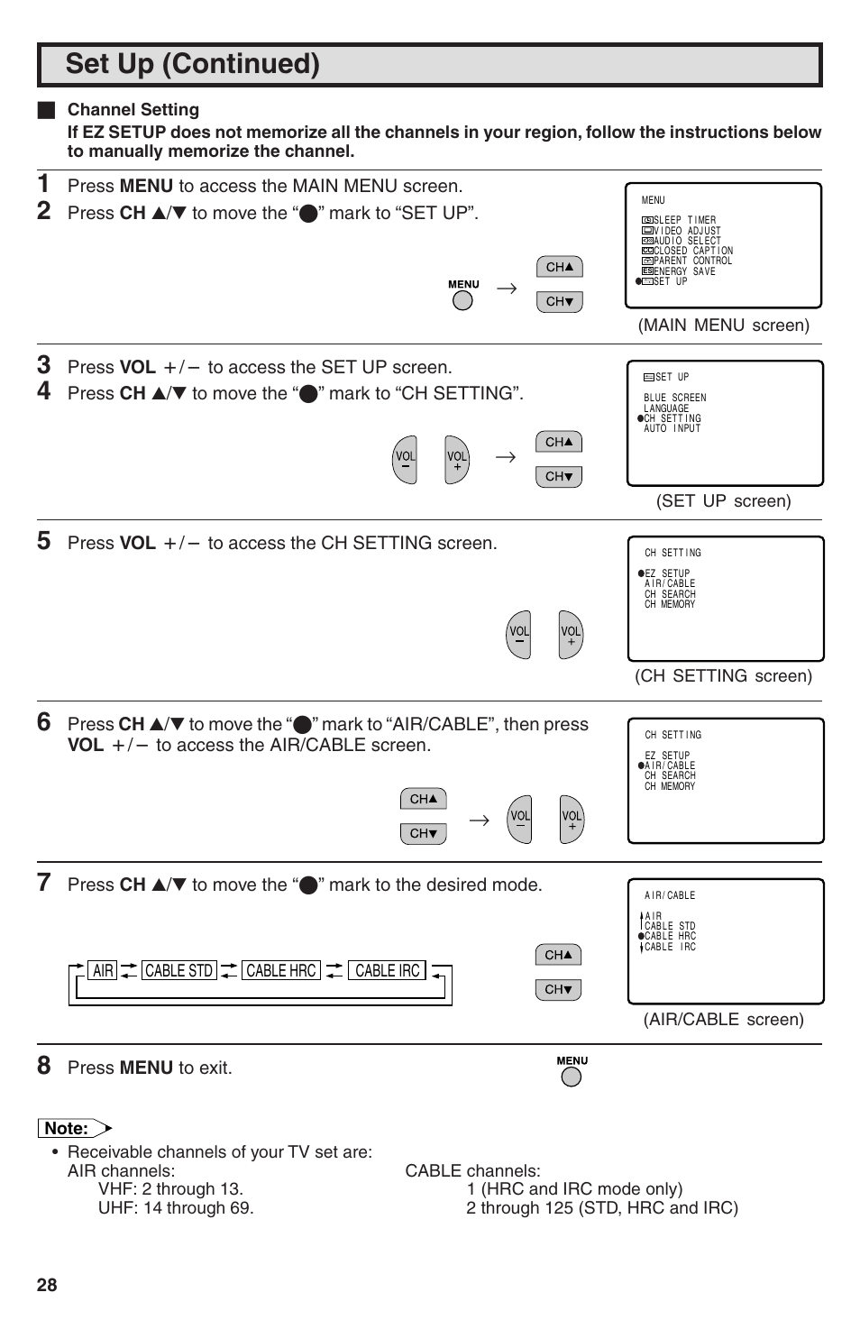 Set up (continued) | Sharp 32U-S50B User Manual | Page 28 / 48