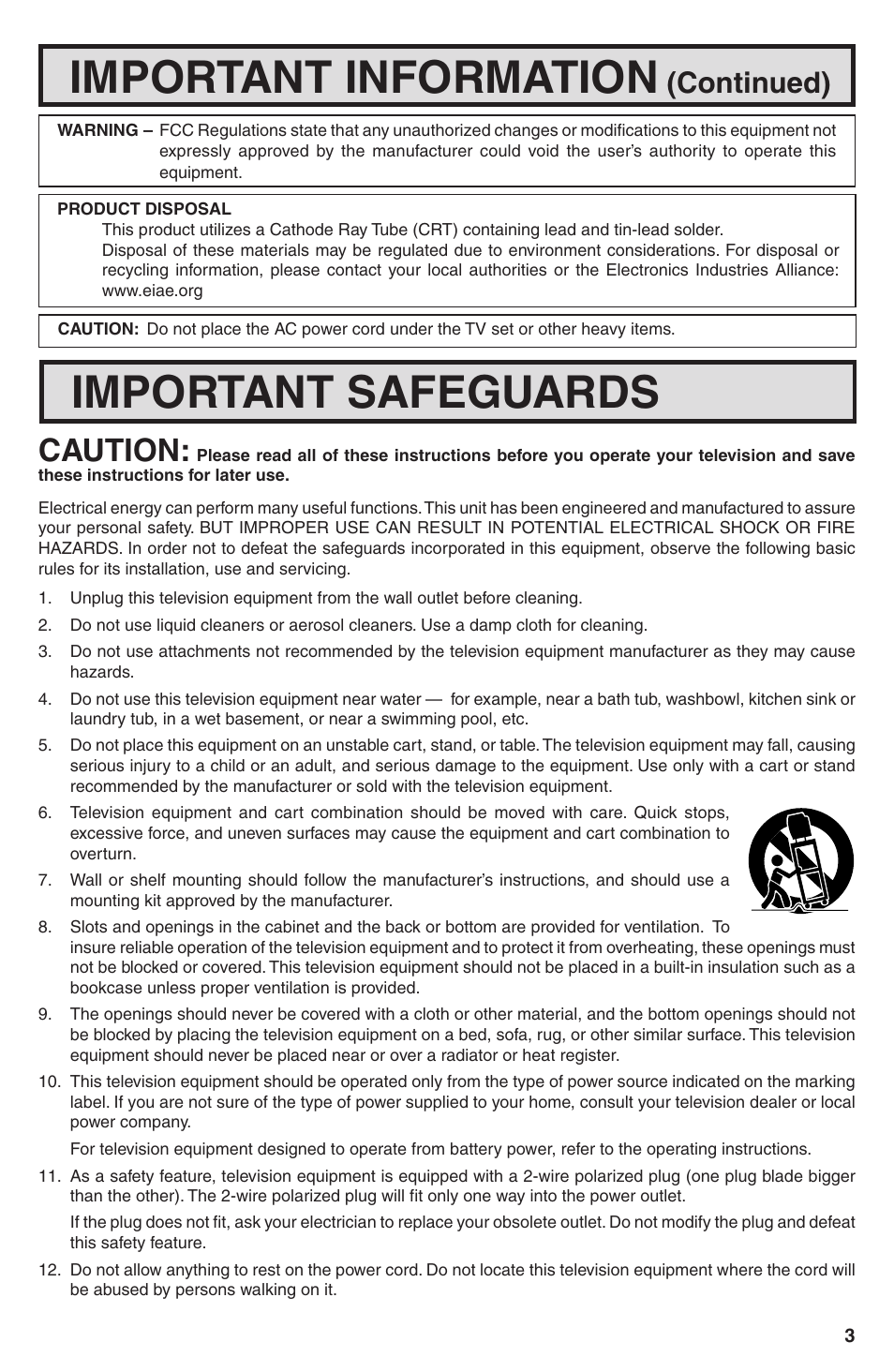 Important information, Important safeguards, Caution | Continued) | Sharp 32U-S50B User Manual | Page 3 / 48