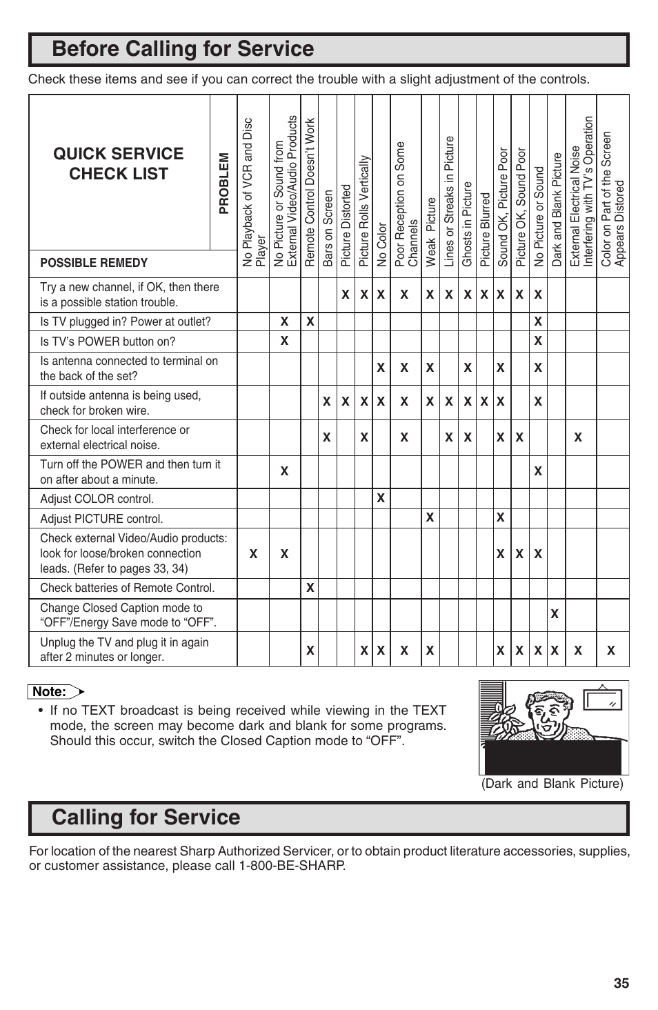 Before calling for service, Calling for service, Quick service check list | Sharp 32U-S50B User Manual | Page 35 / 48