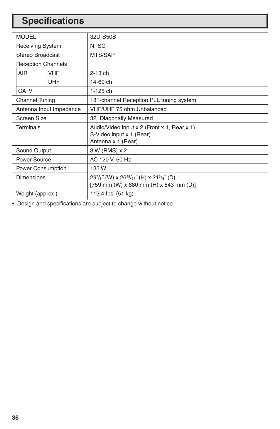 Specifications | Sharp 32U-S50B User Manual | Page 36 / 48