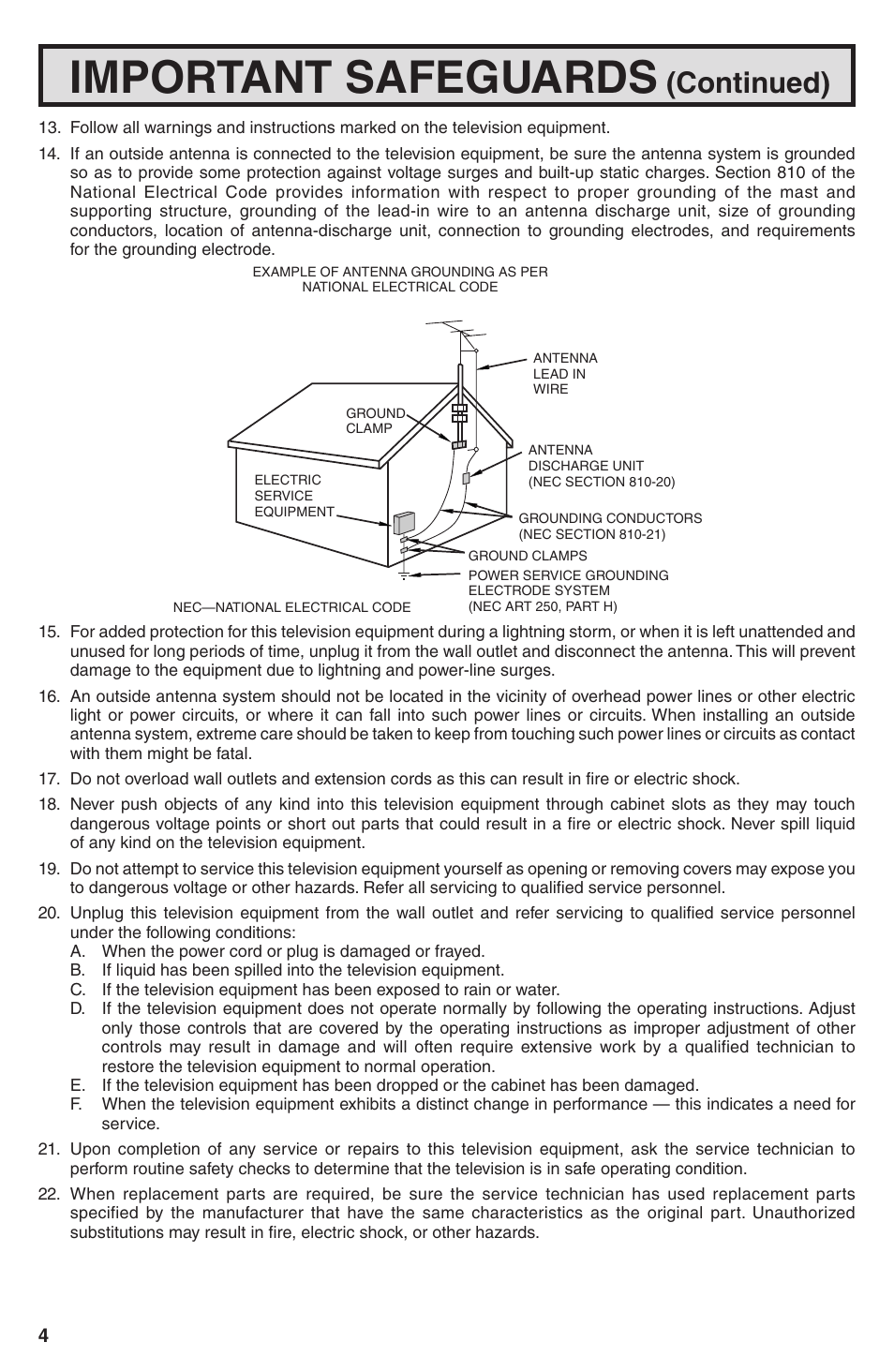 Important safeguards, Continued) | Sharp 32U-S50B User Manual | Page 4 / 48