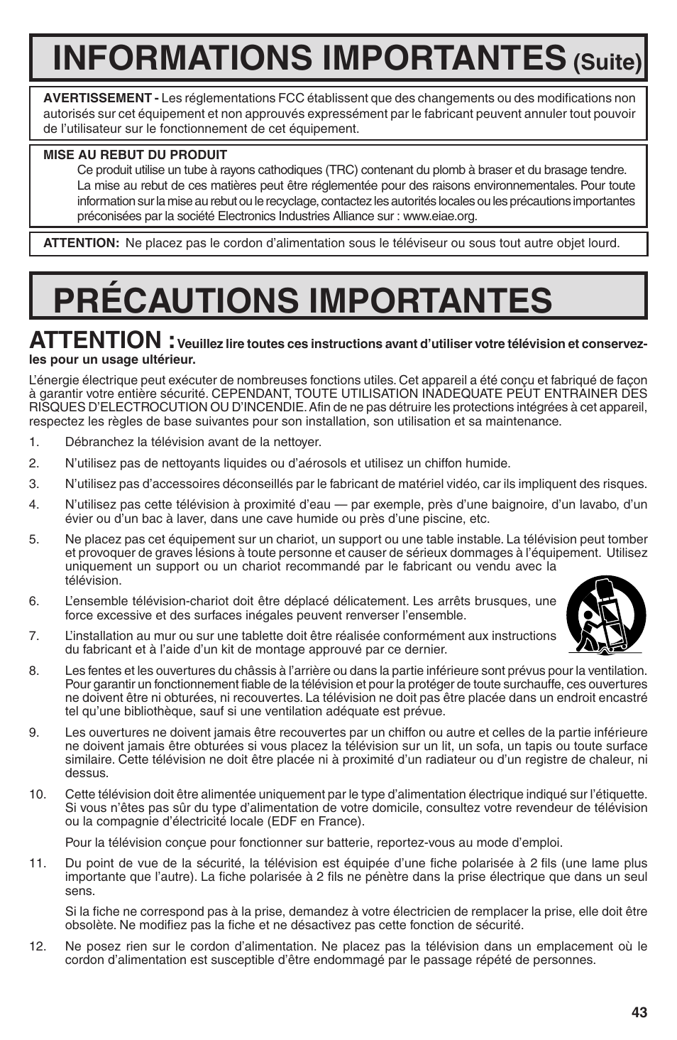 Informations importantes, Précautions importantes, Attention | Suite) | Sharp 32U-S50B User Manual | Page 43 / 48