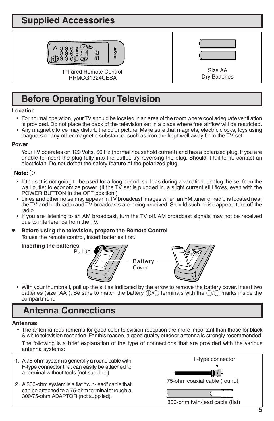 Supplied accessories, Before operating your television, Antenna connections | Sharp 32U-S50B User Manual | Page 5 / 48
