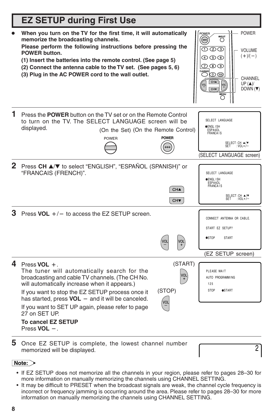 Ez setup during first use, Press vol k/l to access the ez setup screen | Sharp 32U-S50B User Manual | Page 8 / 48